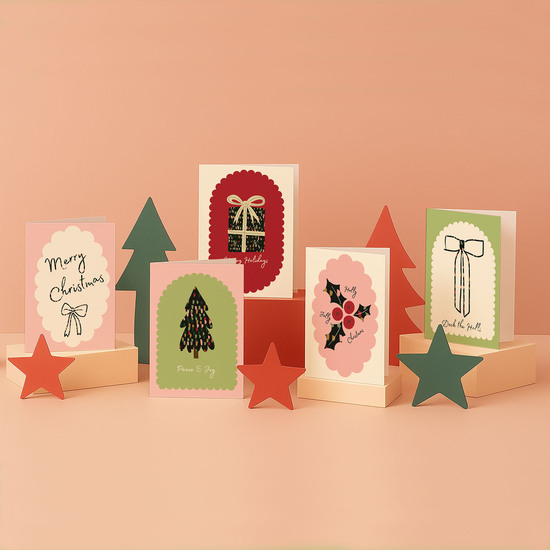 Modern christmas card pack of 5 contemporary festive illustration including bow and scallop details, by Greenwich Paper Studio