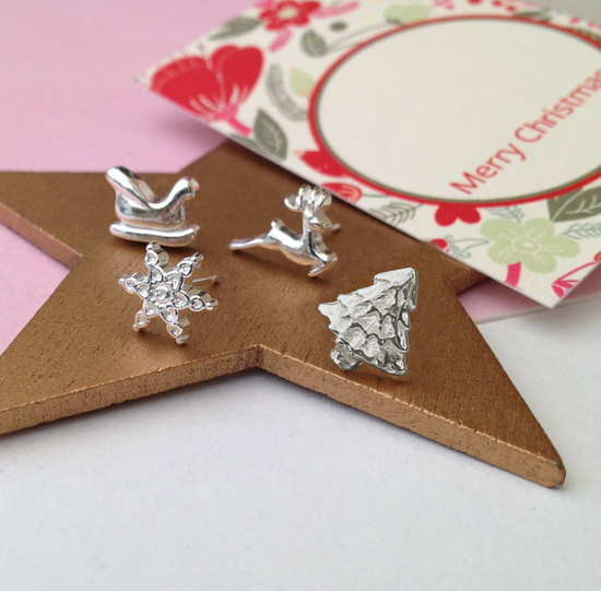sterling silver Christmas mismatched earrings with reindeer, Christmas tree, snowflake and Santa sleigh