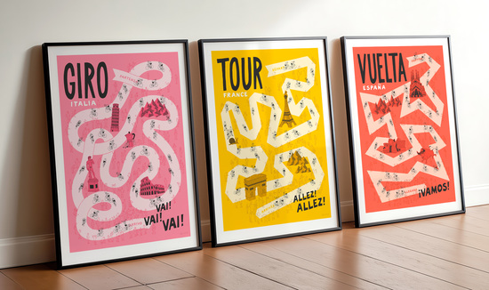 Set of three Cycling Grand Tour Art Prints, The Tour, Giro, Vuelta