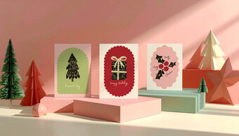 Contemporary Christmas Cards, three festive cards stood on colourful plinths
