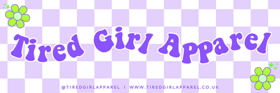 Brand banner, lilac and white checkerboard background with purple letters and green flowers