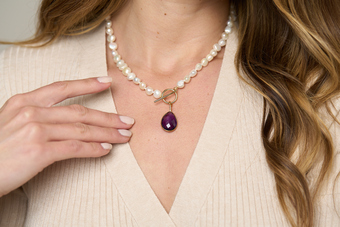 Clara cultured freshwater pearl necklace with amethyst drop set in 18kt gold vermeil