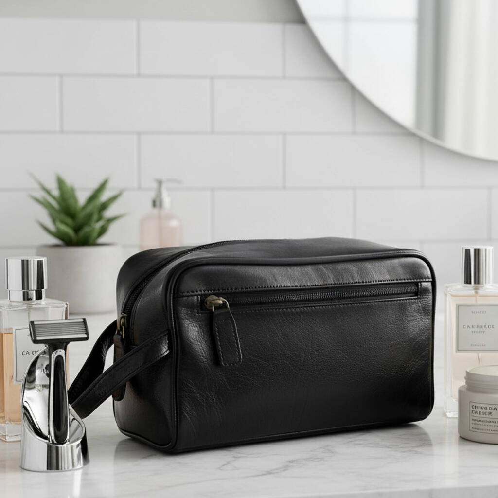 Black Genuine Leather Wash Bag, Toiletry Bag