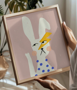 Quirky bunny wall art with lightning bolt and polka dots – playful, modern nursery print in pastel pink