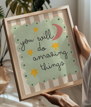 You Will Do Amazing Things’ kids wall art with pastel stars and moon – uplifting, hand-drawn nursery print for girls or boys