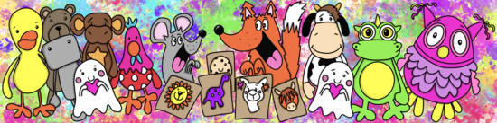 rainbow splash banner with cartoon characters