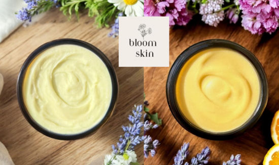 Natural and organic balms photographed with floral and wood background and Bloom Skin logo 