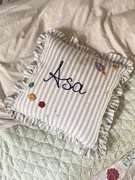 Yellow striped ruffle children’s cushion hand embroidered personalised design custom bespoke children’s gift new baby item 