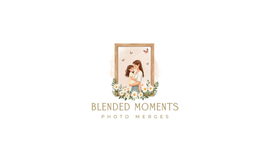 Blended Moments logo featuring illustrated framed portrait with floral accents and brand name text.
