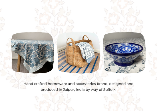 Handmade fine Indian Home Furnishings including unique tablecloths, storage baskers and crockery