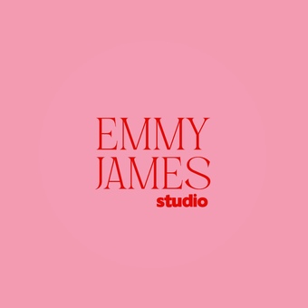 Pink background with red ‘Emmy james studio’ logo