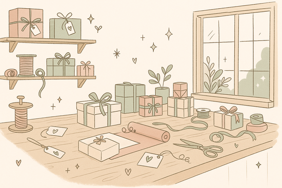 Hand-drawn illustration of a cosy British craft studio featuring a wooden workbench, pastel gift boxes, ribbon spools, kraft paper, and handwritten tags. The sc
