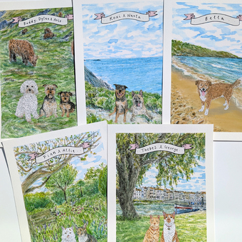 5 paintings of dogs and cats with various backgrounds (a beach, on the cliff side, by a lake and in the garden).